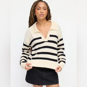 Cider Cream & Black Striped V-Neck Collared Sweater
